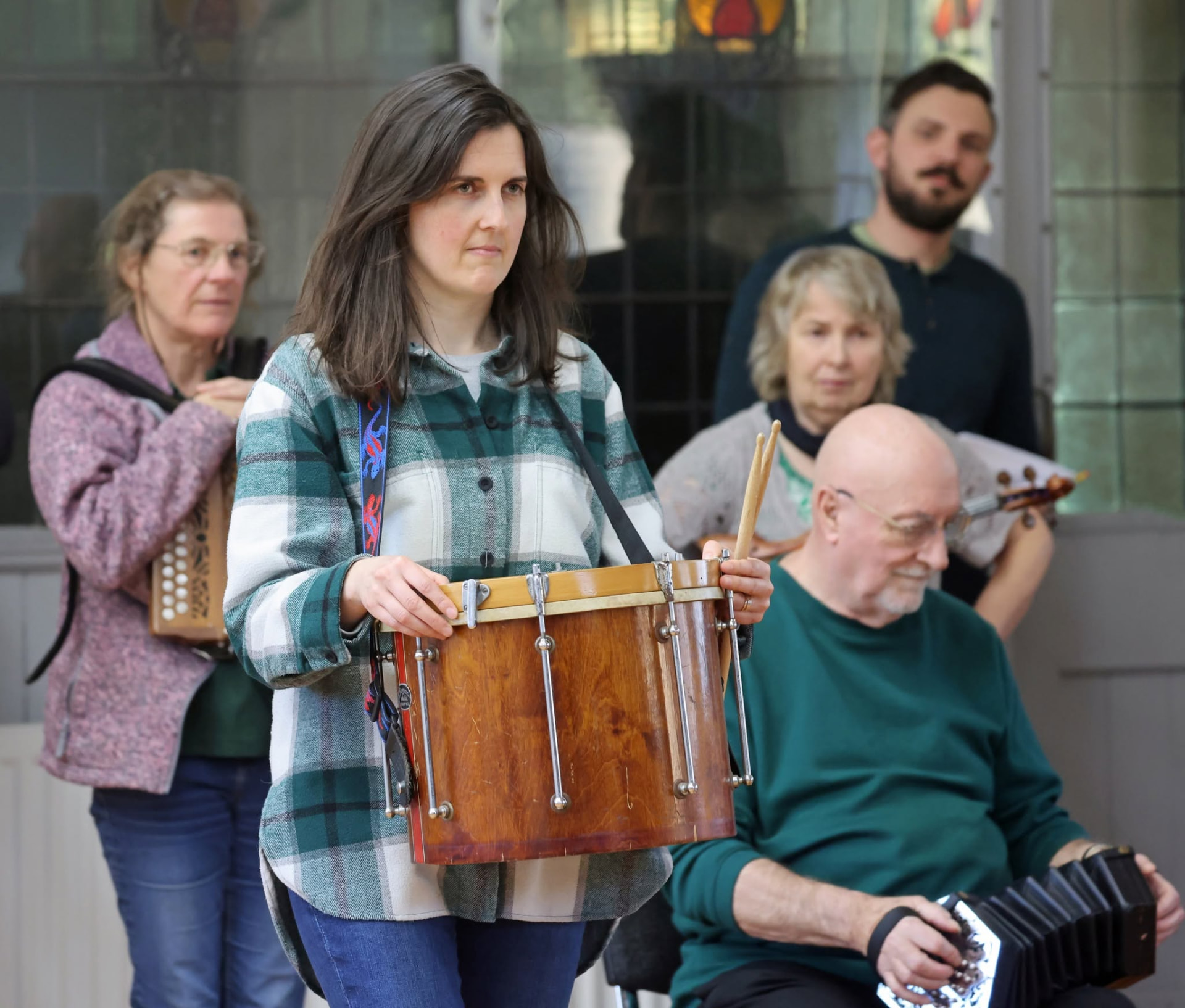 Much Ado About Nothing rehearsal, live music with drum and melodeon